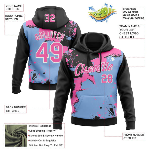 Custom Stitched Black Pink Light Blue-White 3D Pattern Design Splash Torn Paper Style Sports Pullover Sweatshirt Hoodie alternate