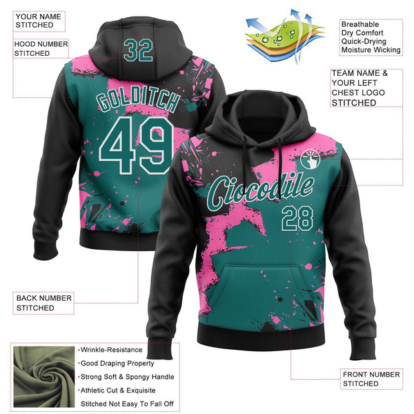 Custom Stitched Black Teal Pink-White 3D Pattern Design Splash Torn Paper Style Sports Pullover Sweatshirt Hoodie alternate