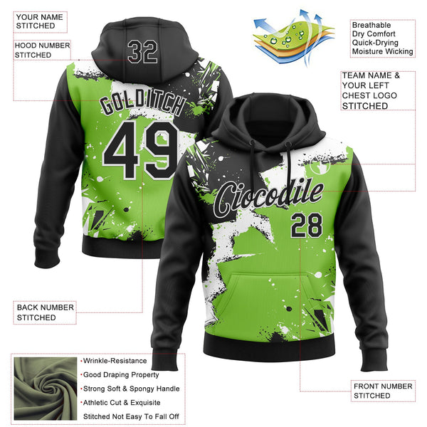 Custom Stitched Black Neon Green-White 3D Pattern Design Splash Torn Paper Style Sports Pullover Sweatshirt Hoodie alternate