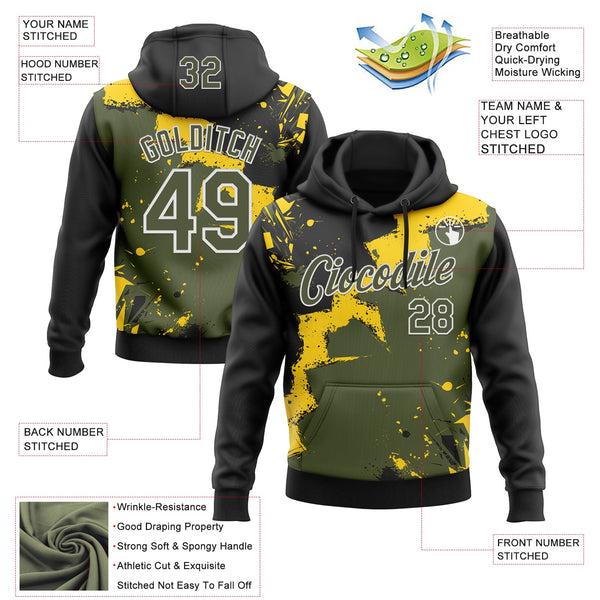 Custom Stitched Black Olive Yellow-White 3D Pattern Design Splash Torn Paper Style Sports Pullover Sweatshirt Hoodie alternate