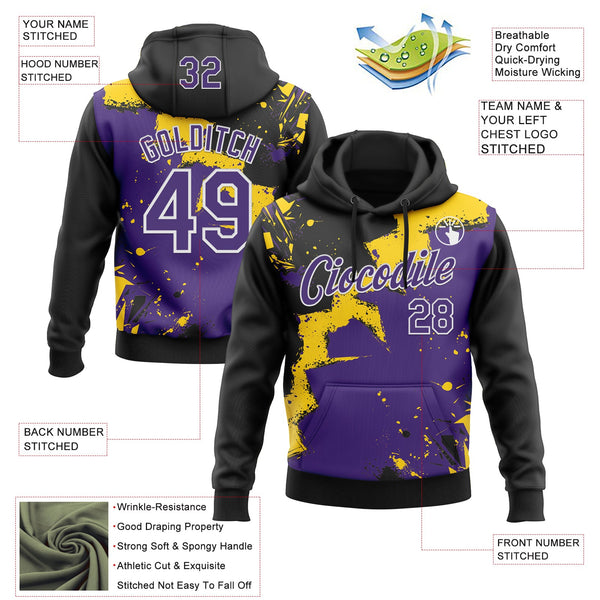 Custom Stitched Black Purple Yellow-White 3D Pattern Design Splash Torn Paper Style Sports Pullover Sweatshirt Hoodie alternate