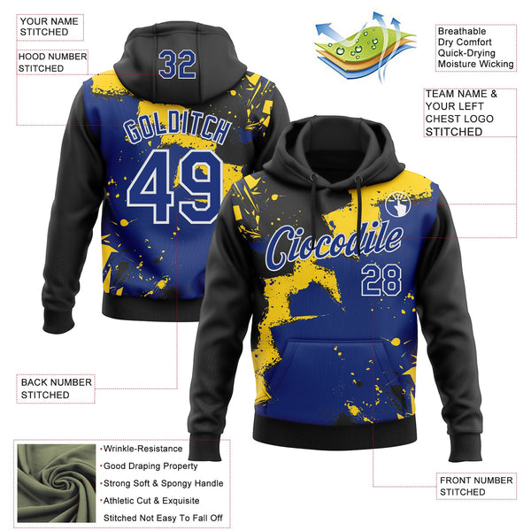 Custom Stitched Black Royal Yellow-White 3D Pattern Design Splash Torn Paper Style Sports Pullover Sweatshirt Hoodie alternate