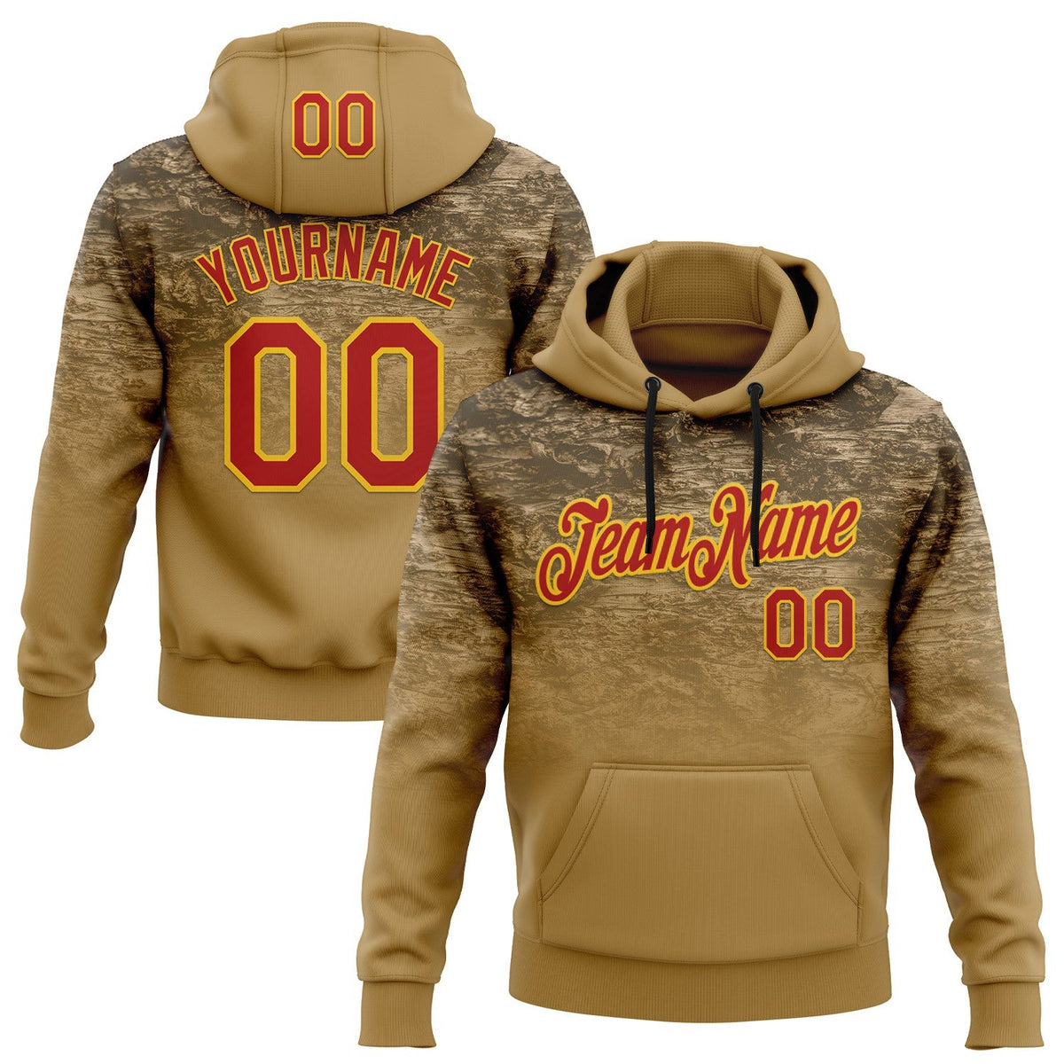 Custom Stitched Old Gold Red-Yellow 3D Pattern Design Tree Camo Gradient Hunting Sports Pullover Sweatshirt Hoodie