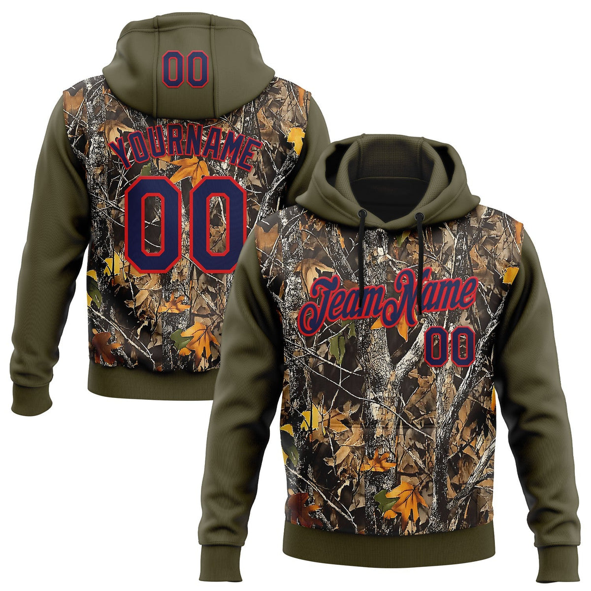 Custom Stitched Olive Navy-Fire Red 3D Pattern Design Tree Camo Hunting Sports Pullover Sweatshirt Salute To Service Hoodie