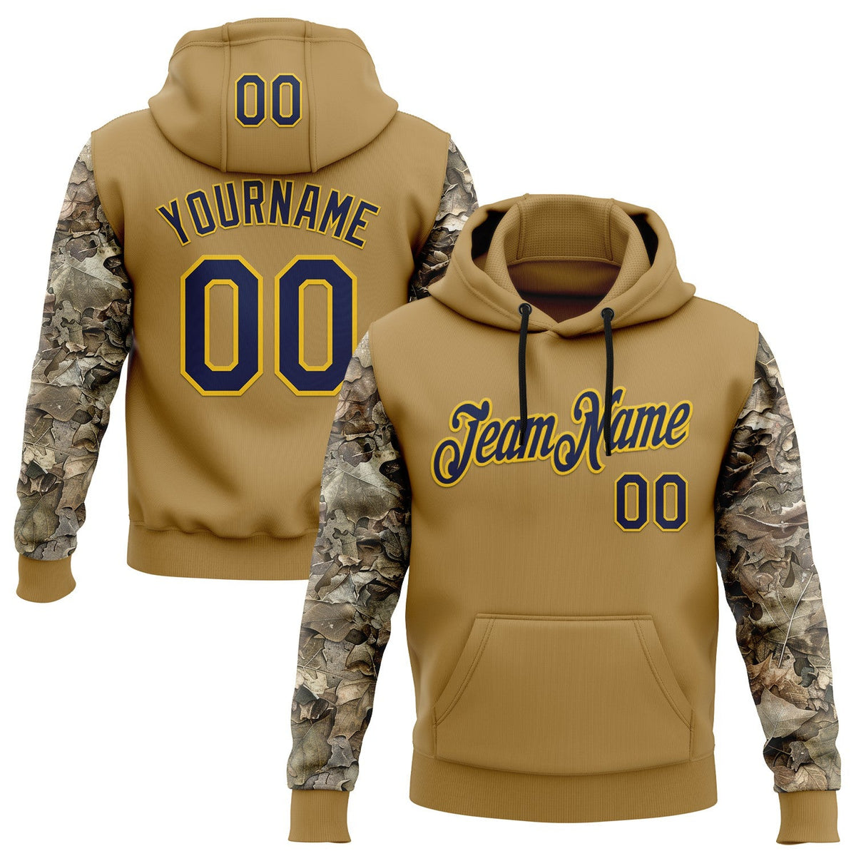 Custom Stitched Old Gold Navy-Yellow 3D Pattern Design Tree Camo Hunting Sports Pullover Sweatshirt Hoodie