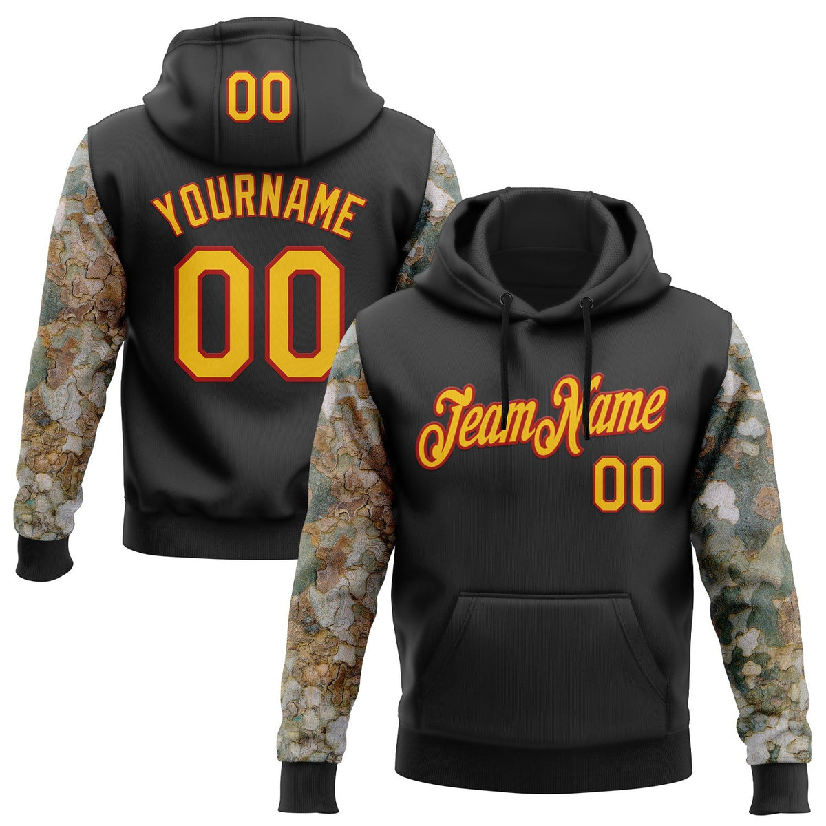 Custom Stitched Black Yellow-Red 3D Pattern Design Tree Camo Hunting Sports Pullover Sweatshirt Hoodie