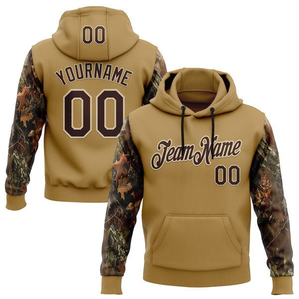 Custom Stitched Old Gold Brown-Cream 3D Pattern Design Tree Camo Hunting Sports Pullover Sweatshirt Hoodie