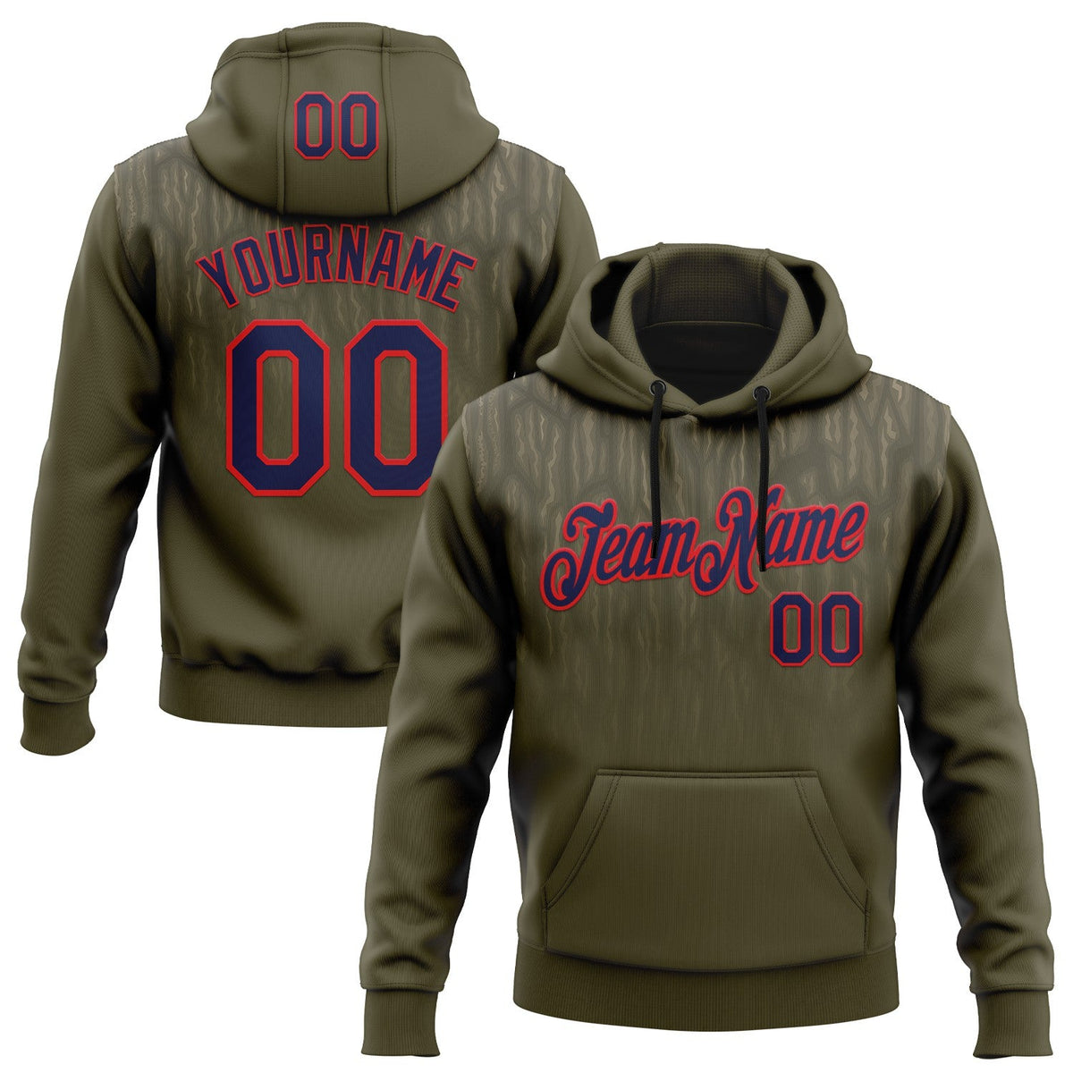Custom Stitched Olive Navy-Fire Red 3D Pattern Design Tree Camo Gradient Hunting Sports Pullover Sweatshirt Salute To Service Hoodie
