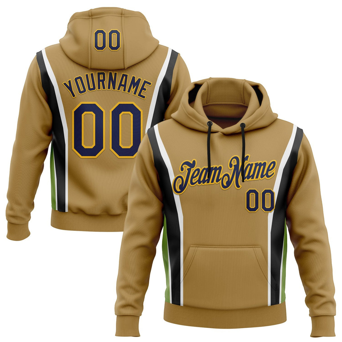 Custom Stitched Old Gold Navy Black Green Gold-White 3D Pattern Design Sportswear Pullover Sweatshirt Hoodie