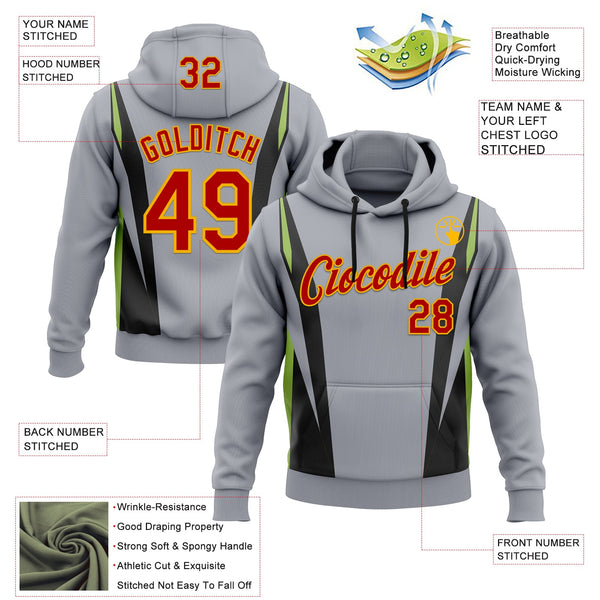 Custom Stitched Gray Red Black Green-Gold 3D Pattern Design Sportswear Pullover Sweatshirt Hoodie alternate