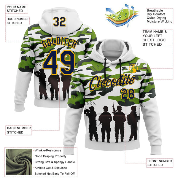 Custom Stitched White Navy Black-Gold 3D Pattern Design Camo Military Sportswear Pullover Sweatshirt Hoodie alternate