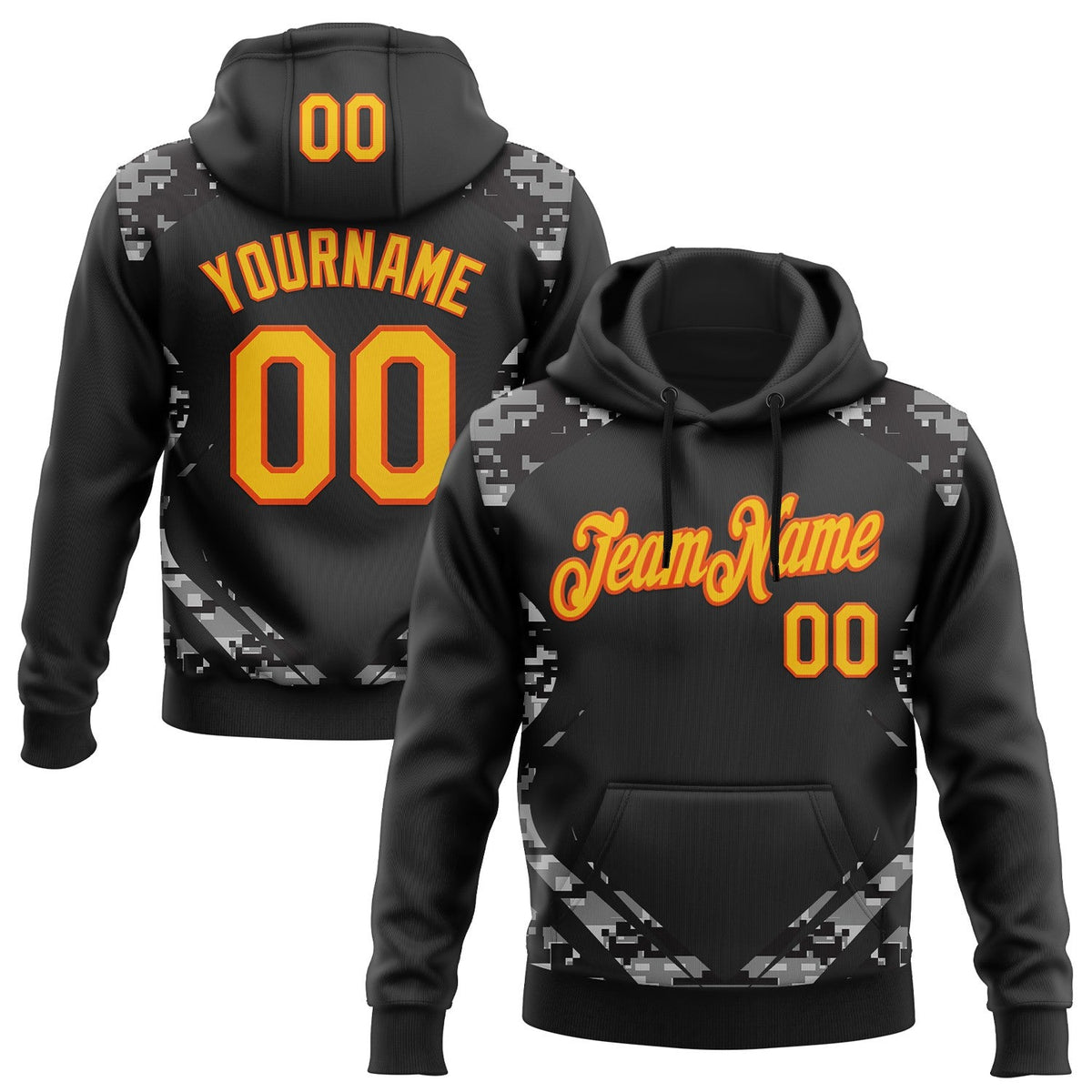 Custom Stitched Black Gold-Orange 3D Pattern Design Camo Sportswear Pullover Sweatshirt Hoodie