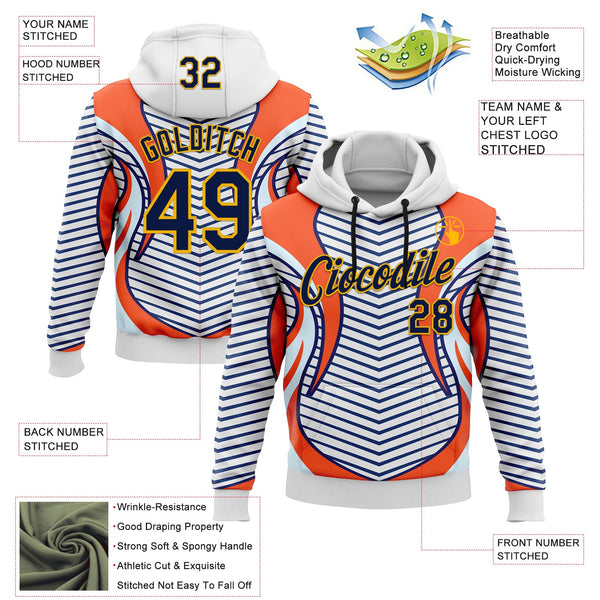 Custom Stitched White Navy Blue Orange-Gold 3D Pattern Design Sportswear Pullover Sweatshirt Hoodie alternate