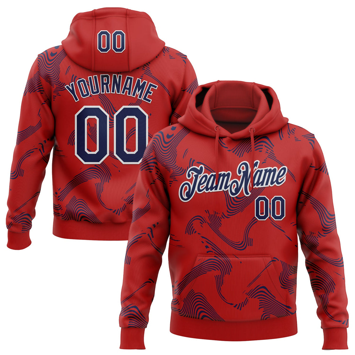 Custom Stitched Red Navy-White Curve Lines Sports Pullover Sweatshirt Hoodie