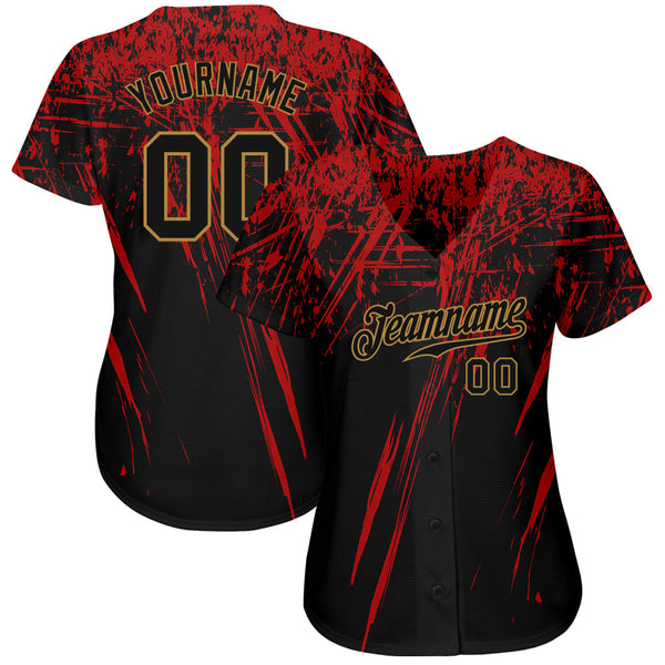 Custom Black Black Red-Old Gold 3D Pattern Design Authentic Baseball Jersey alternate