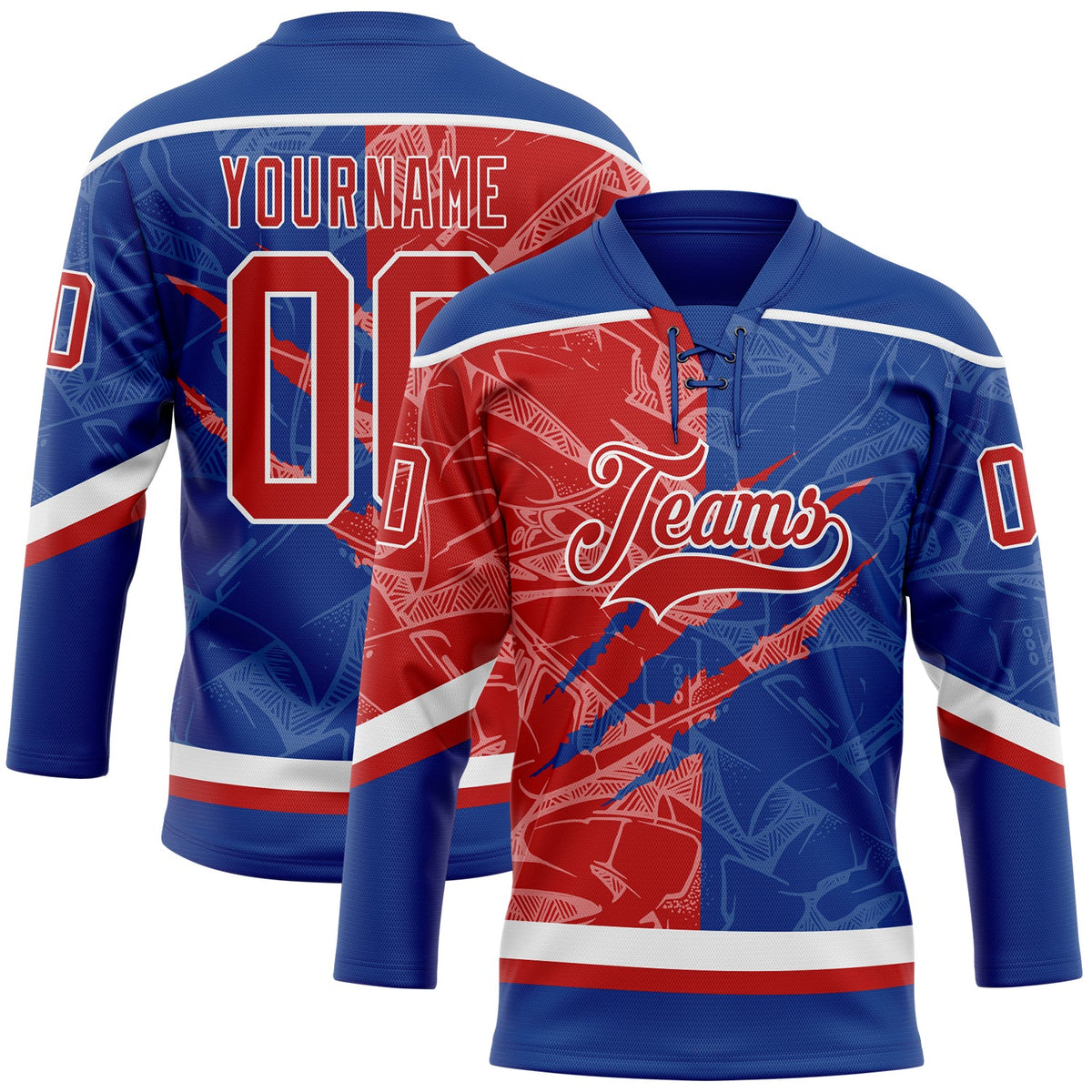 Custom Royal Red-White 3D Pattern Gradient Fashion Scratch Hockey Lace Neck Jersey
