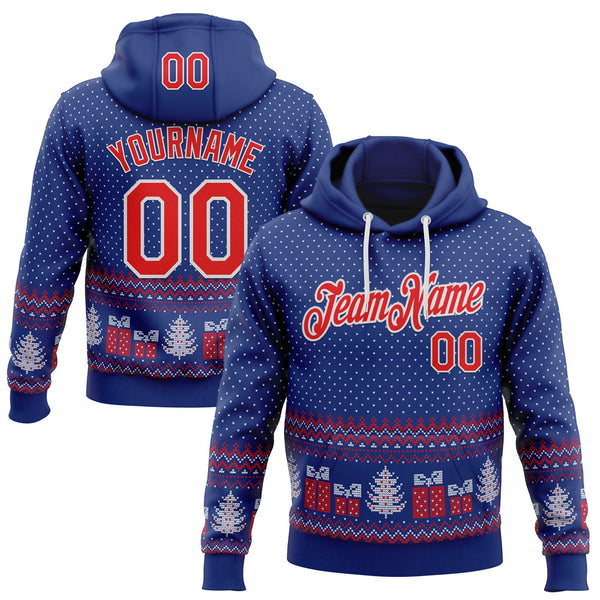 Custom Stitched Royal Red-White 3D Christmas Ugly Sweater Sports Pullover Sweatshirt Hoodie