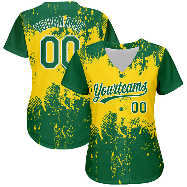 Custom Gold Green-White 3D Pattern Design Authentic Baseball Jersey alternate