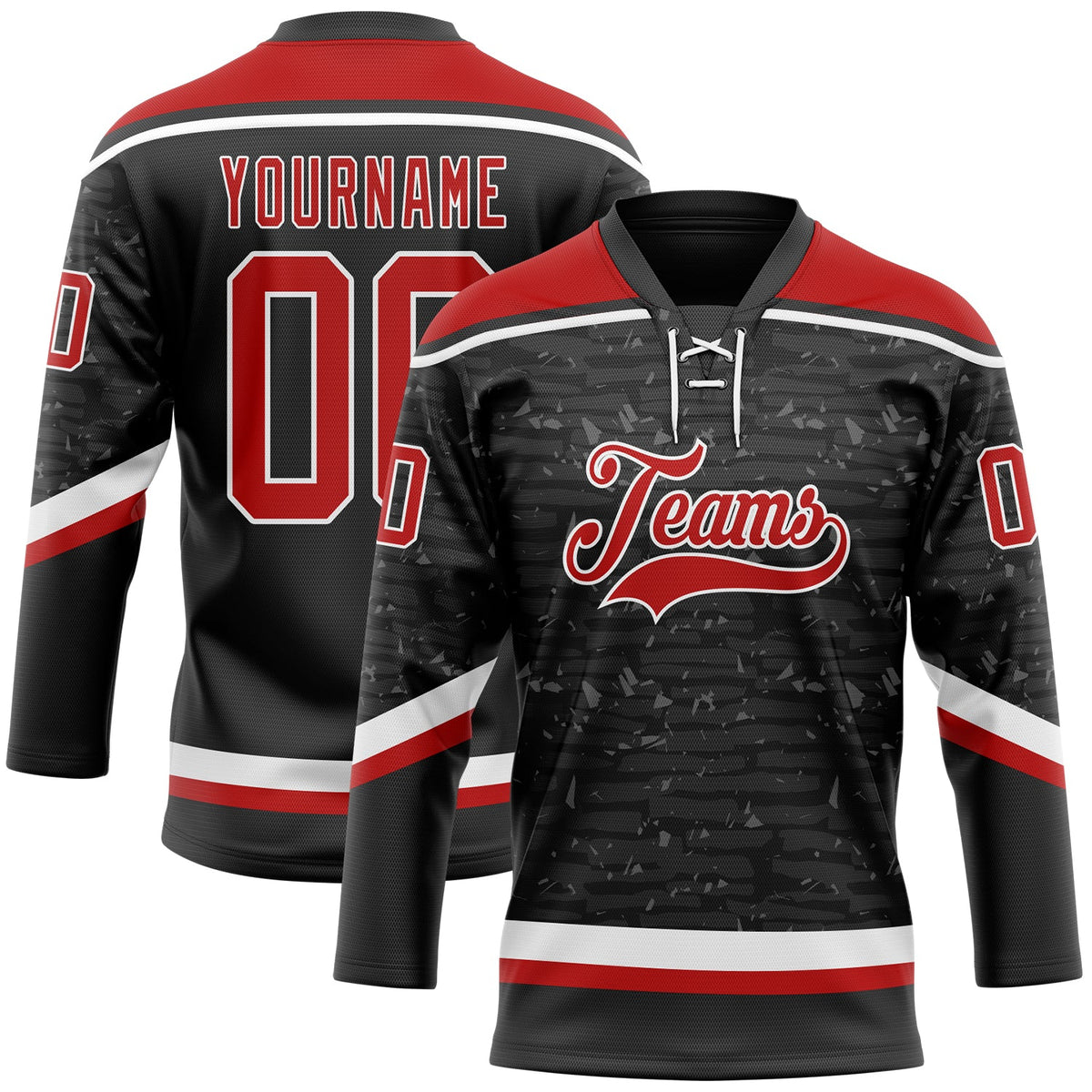 Custom Black Red-White 3D Pattern Fragment Art Hockey Lace Neck Jersey