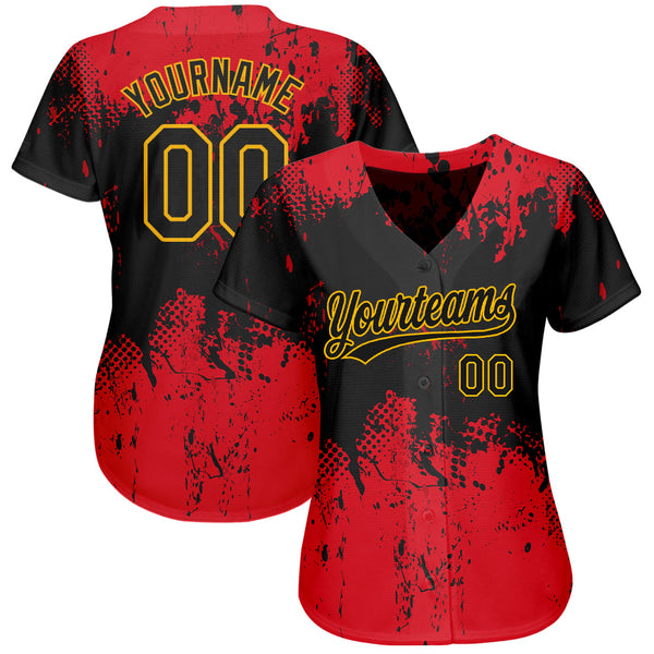 Custom Red Black-Gold 3D Pattern Design Authentic Baseball Jersey alternate