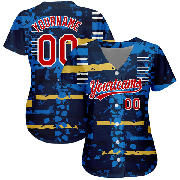 Custom Navy Red-White 3D Pattern Design Authentic Baseball Jersey alternate