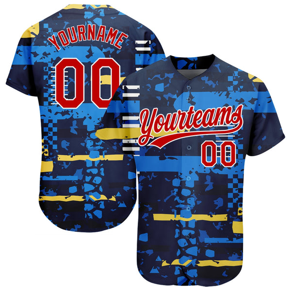 Custom Navy Red-White 3D Pattern Design Authentic Baseball Jersey