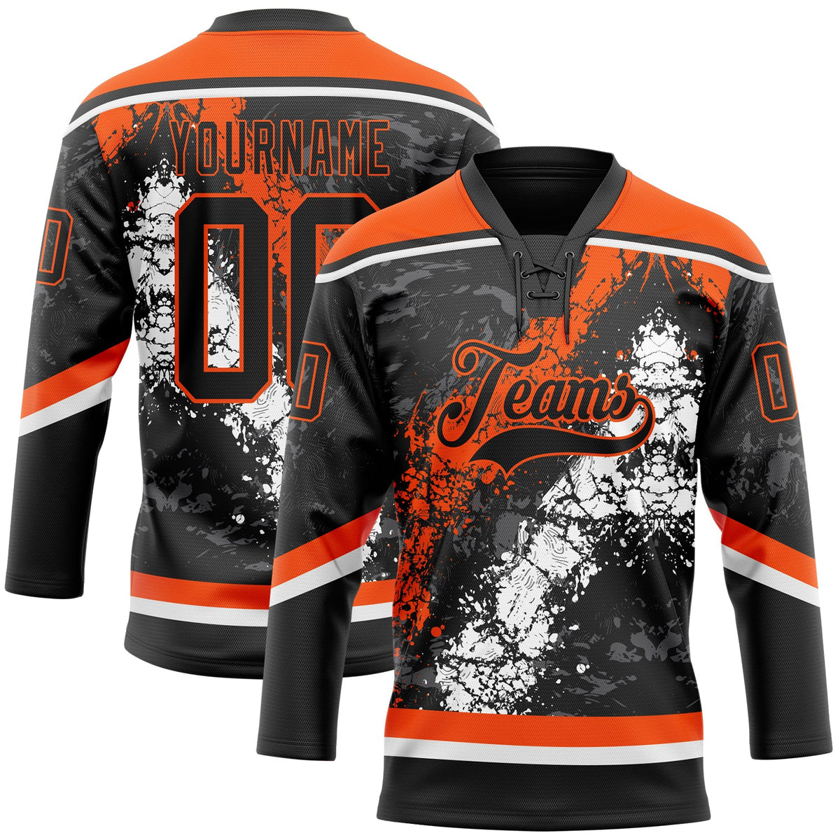 Custom Black Orange-White 3D Splash Art Hockey Lace Neck Jersey