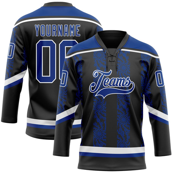 Custom Black Royal-White 3D Pattern Abstract Shape Hockey Lace Neck Jersey