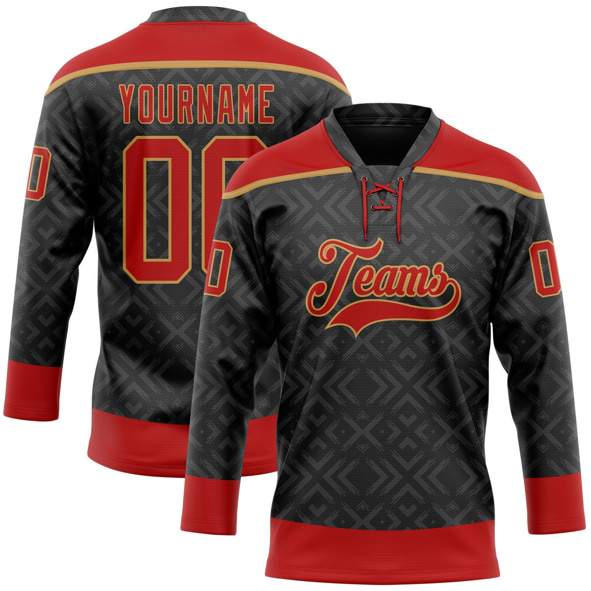Custom Black Red-Old Gold 3D Pattern Native Americans Tribal Indigenous People Hockey Lace Neck Jersey