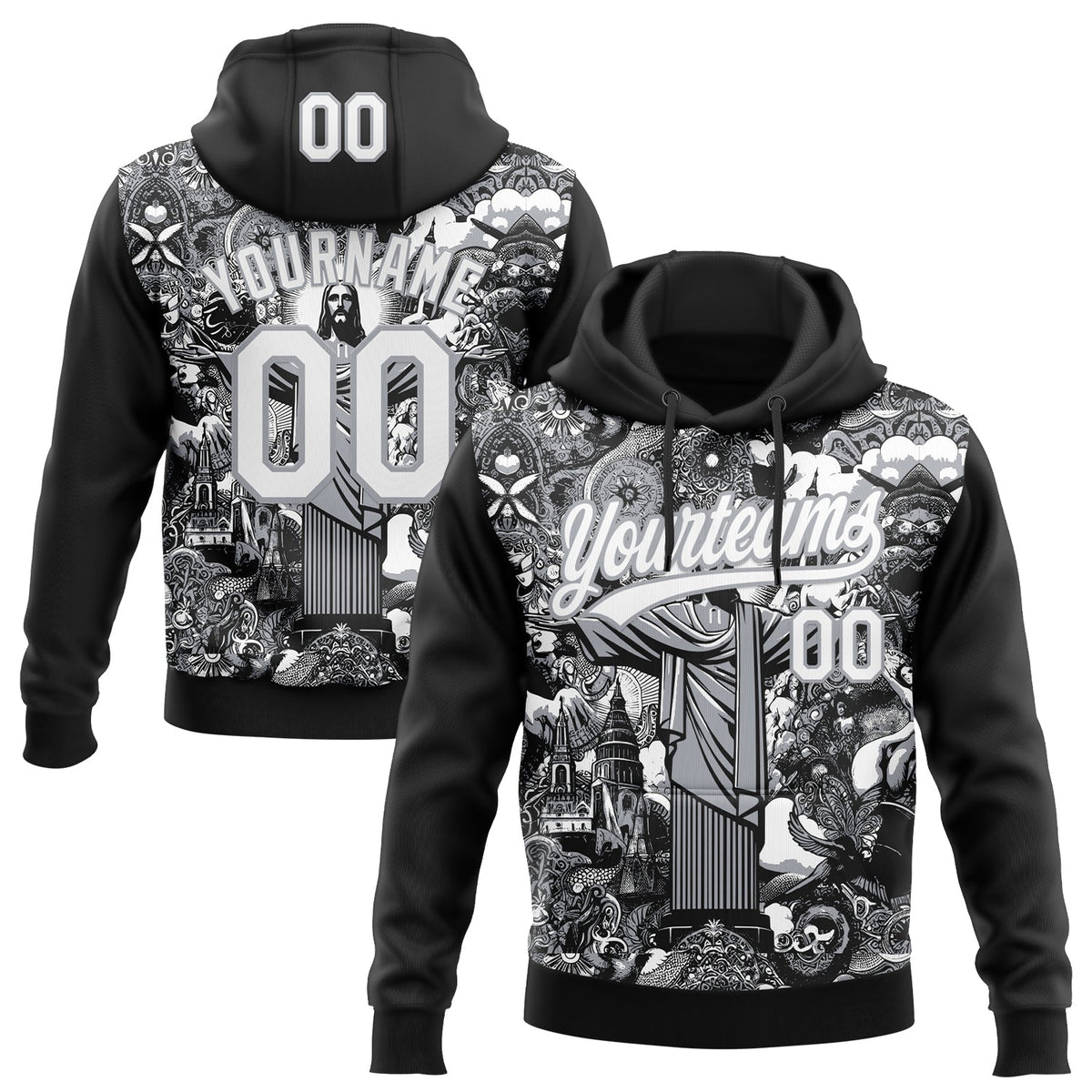 Custom Stitched Black White-Gray Motif Graphic Print  Pullover Sweatshirt Hoodie
