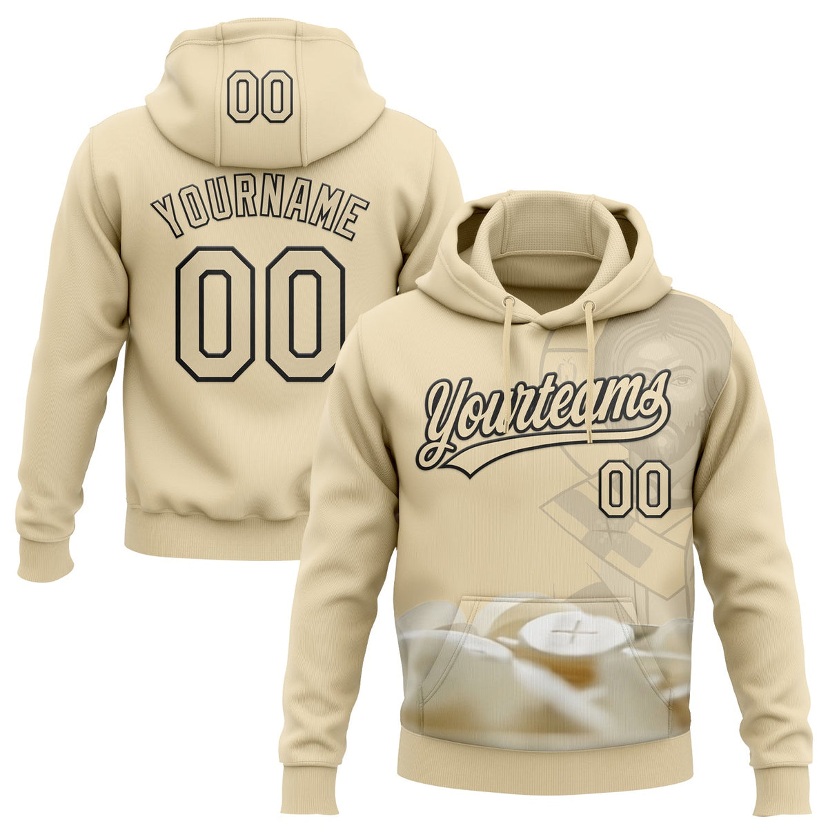 Custom Stitched Cream Black Motif Graphic Print Pullover Sweatshirt Hoodie