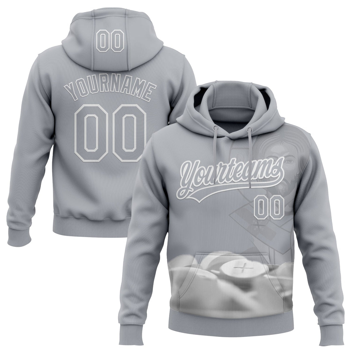 Custom Stitched Gray White Motif Graphic Print Pullover Sweatshirt Hoodie