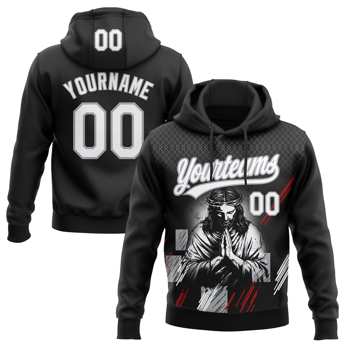 Custom Stitched Black White Gray-Red Motif Graphic Print Pullover Sweatshirt Hoodie