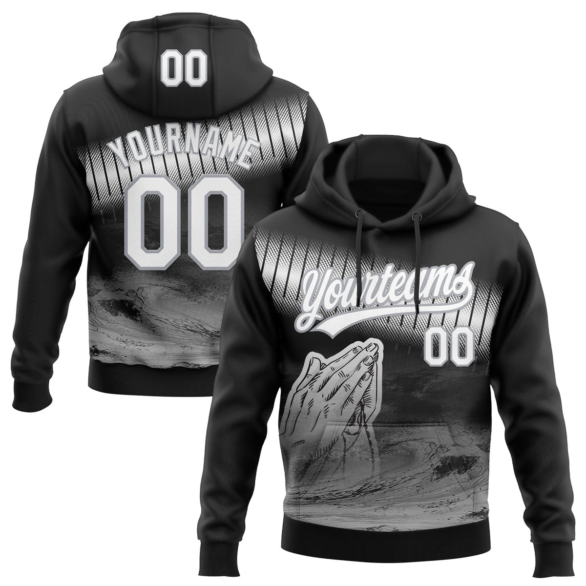 Custom Stitched Black White-Gray Religion Praying Hands Pullover Sweatshirt Hoodie
