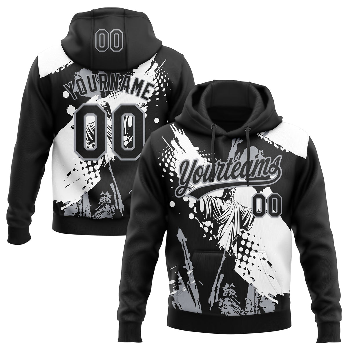 Custom Stitched Black White-Gray Motif Graphic Print Pullover Sweatshirt Hoodie