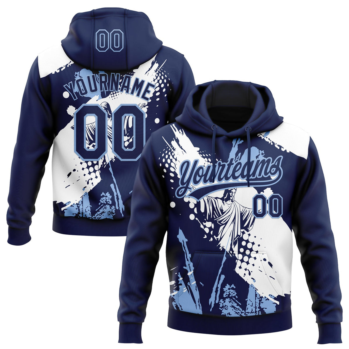 Custom Stitched Navy Light Blue-White Motif Graphic Print Pullover Sweatshirt Hoodie