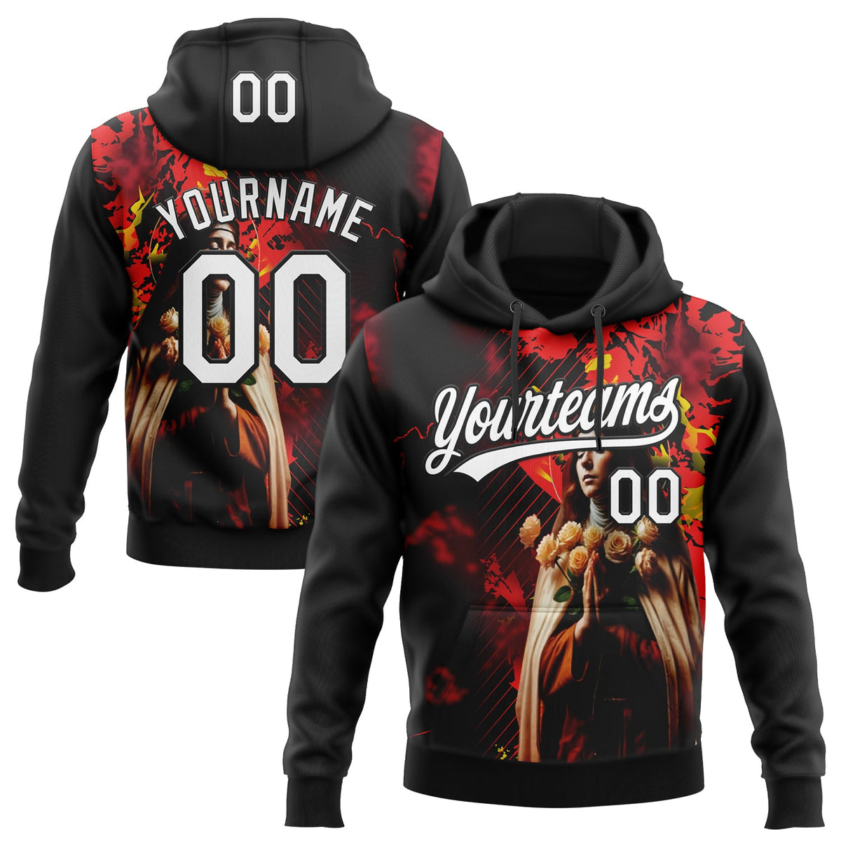 Custom Stitched Black White-Fire Red Religion Praying Hands Pullover Sweatshirt Hoodie