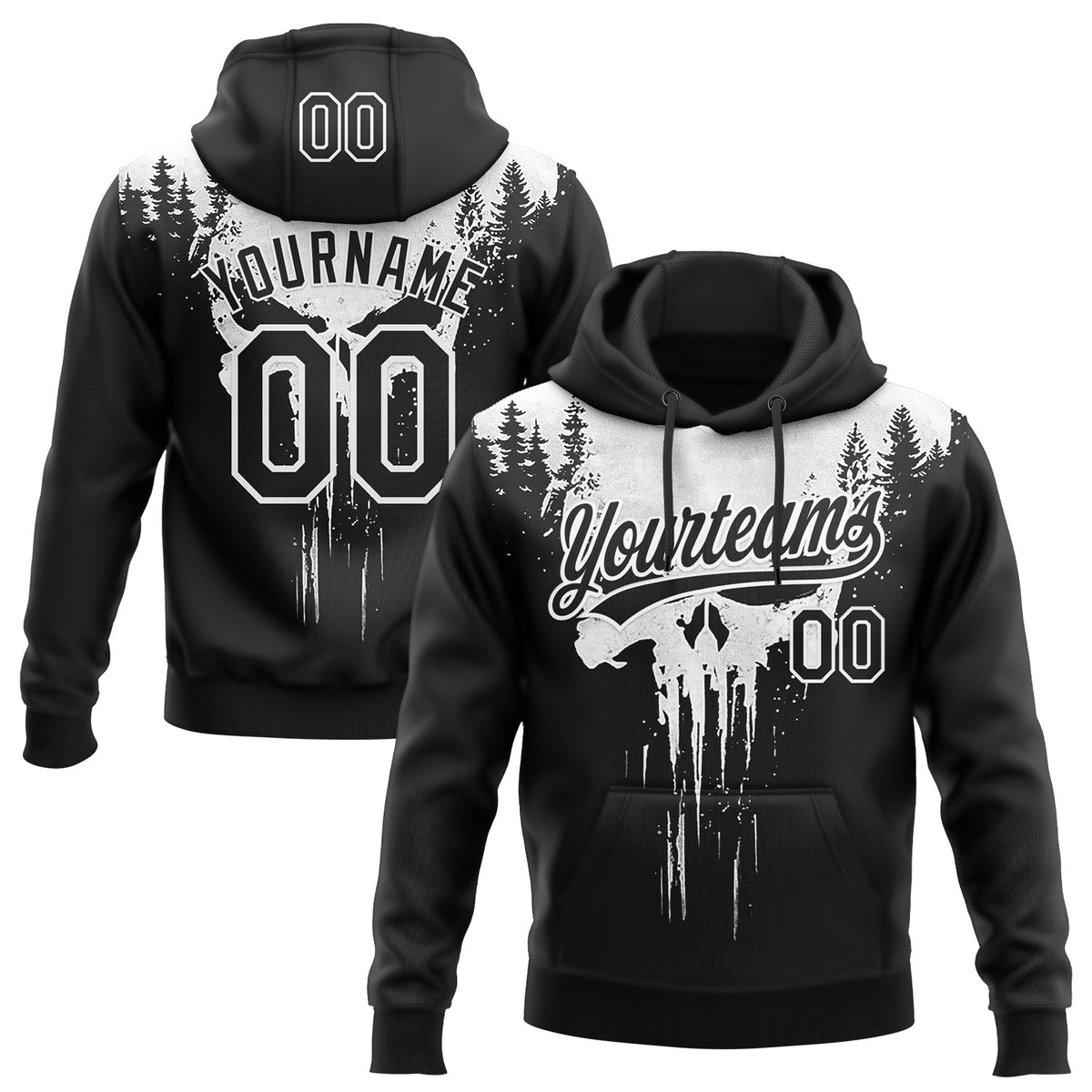 Custom Stitched Black White Skull Pattern Pullover Sweatshirt Hoodie