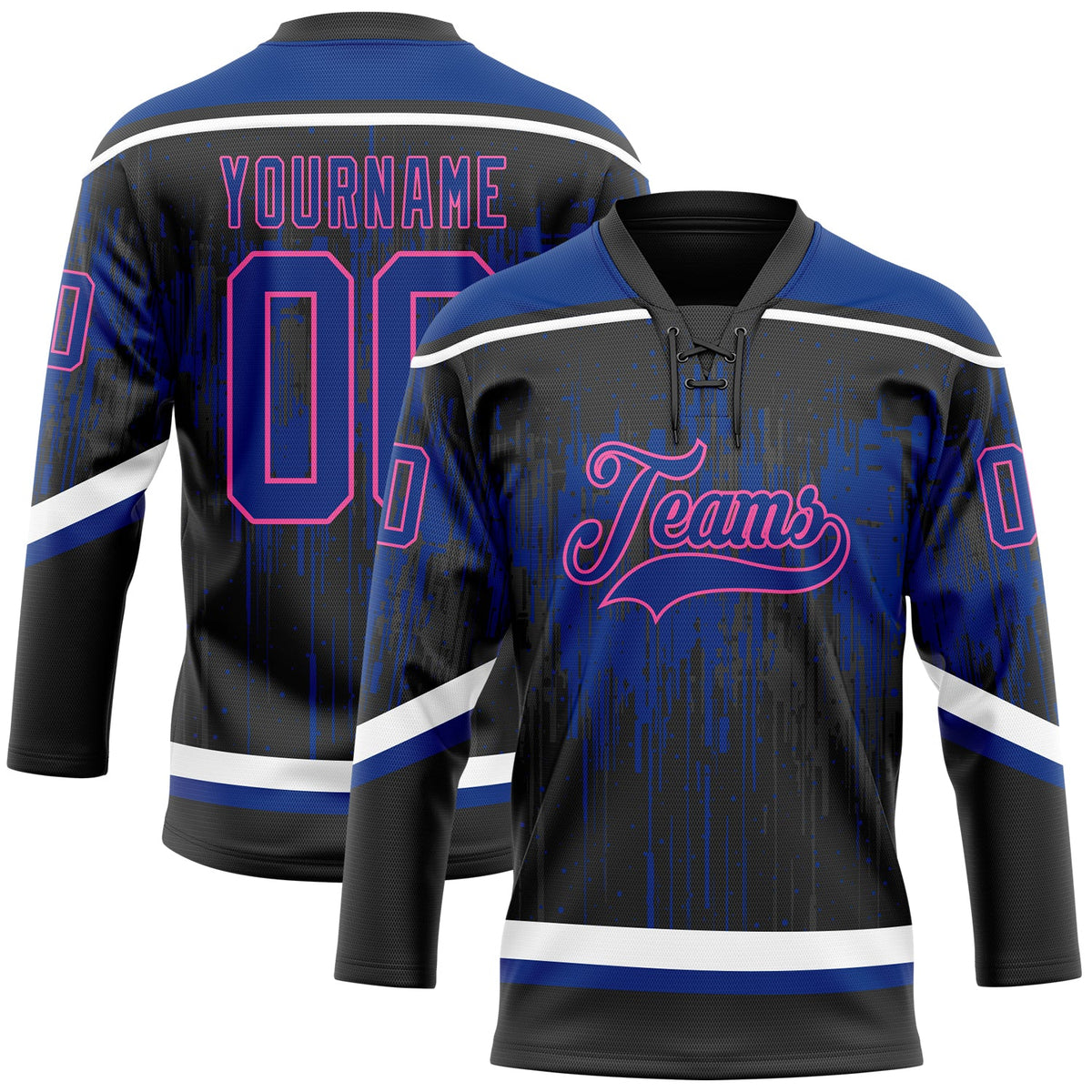 Custom Black Royal Pink Steel Gray-White Dripping Splatter Pattern Hockey Lace Neck Jersey