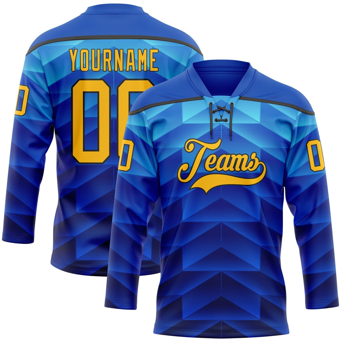 Custom Blue Gold-Black Abstract Gradient Halftone Pattern Hockey Lace Neck Jersey