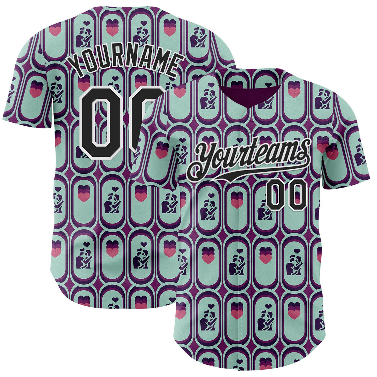 Custom Purple Black Green-White Valentine's Day Love Heart Authentic Baseball Jersey