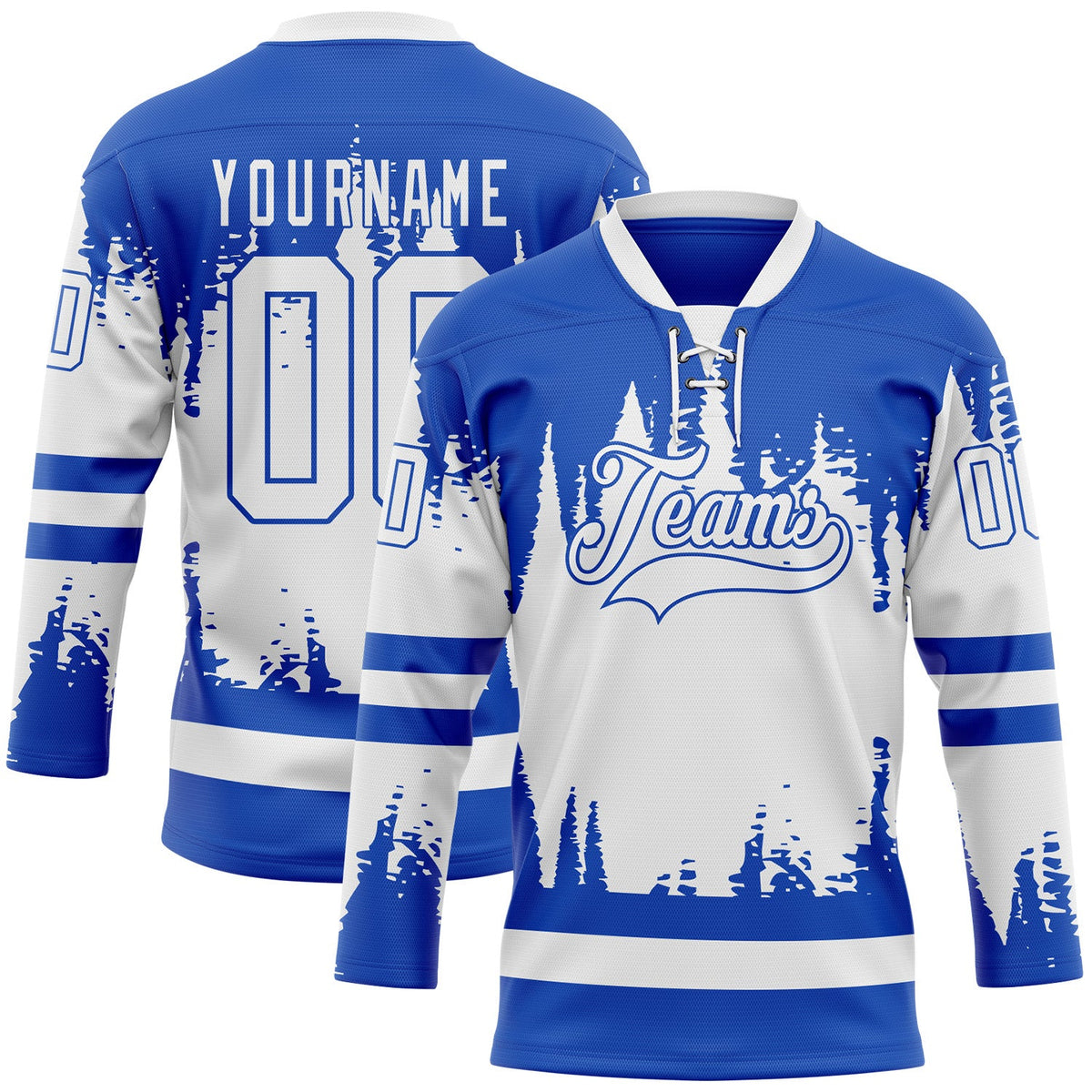 Custom Thunder Blue White Abstract Splatter Paint Hockey Lace Neck Jersey