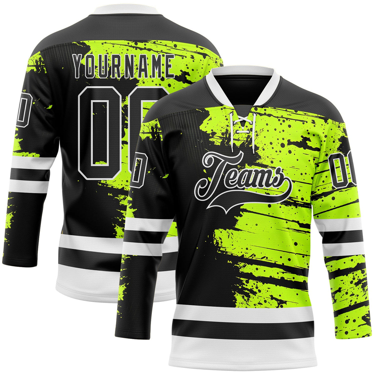 Custom Black Green-White Abstract Splatter Paint Hockey Lace Neck Jersey