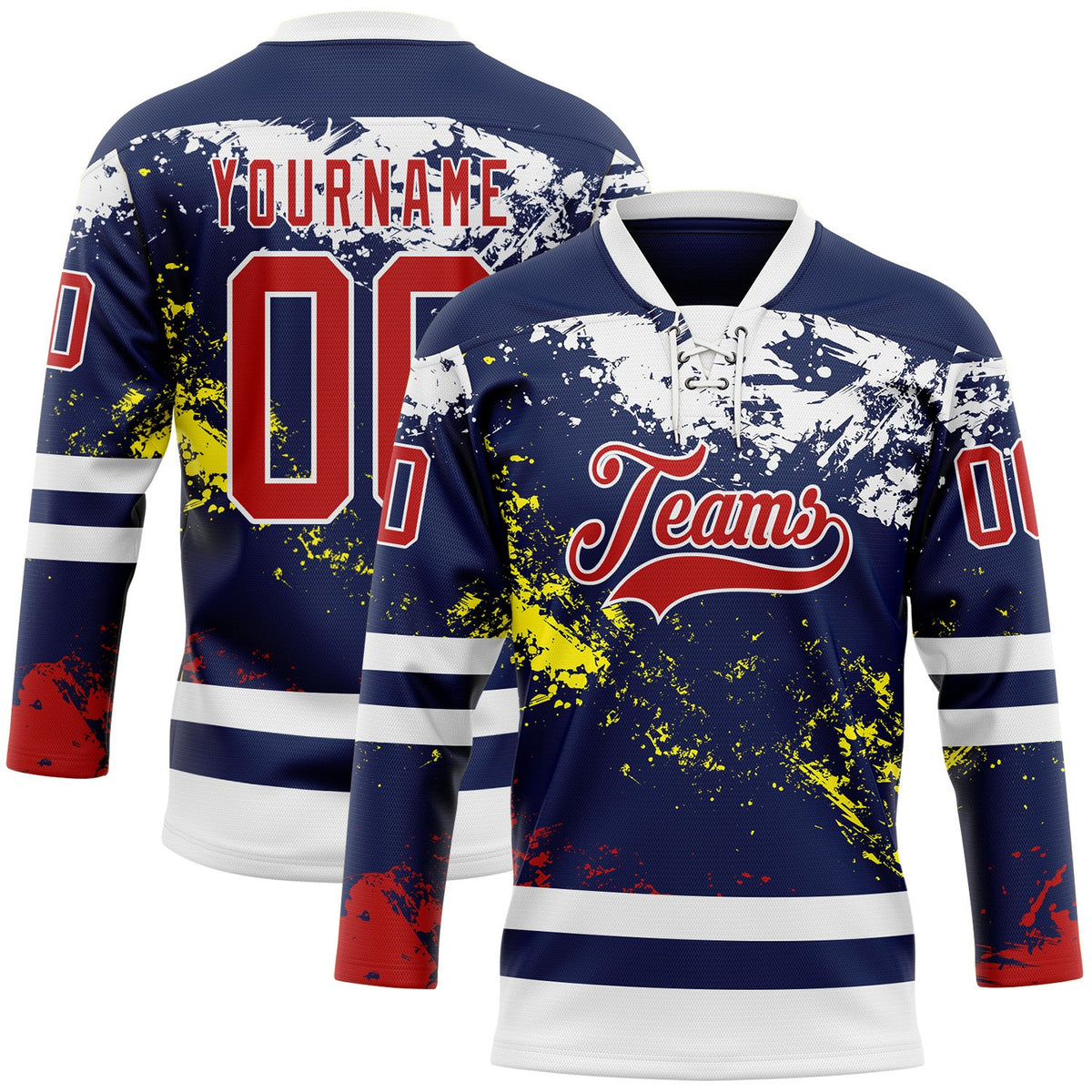 Custom Navy Red Yellow-White Abstract Splatter Paint Hockey Lace Neck Jersey