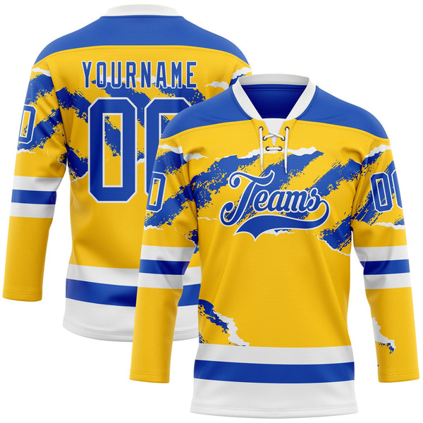Custom Yellow Thunder Blue-White Abstract Splatter Paint Torn Paper Style Hockey Lace Neck Jersey