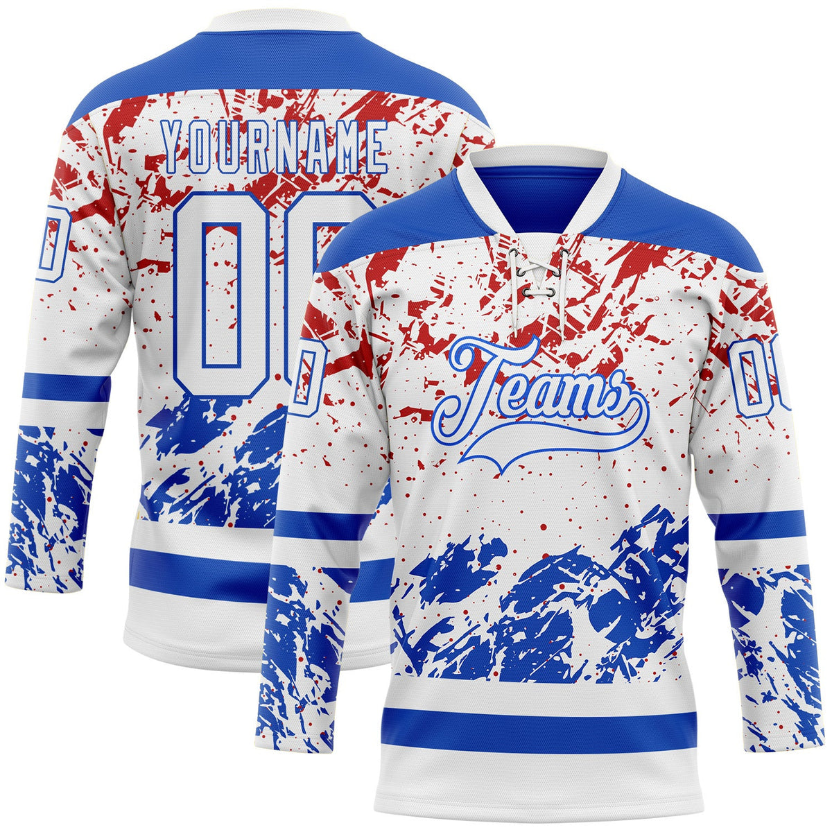 Custom White Thunder Blue-Red Abstract Splatter Paint Hockey Lace Neck Jersey