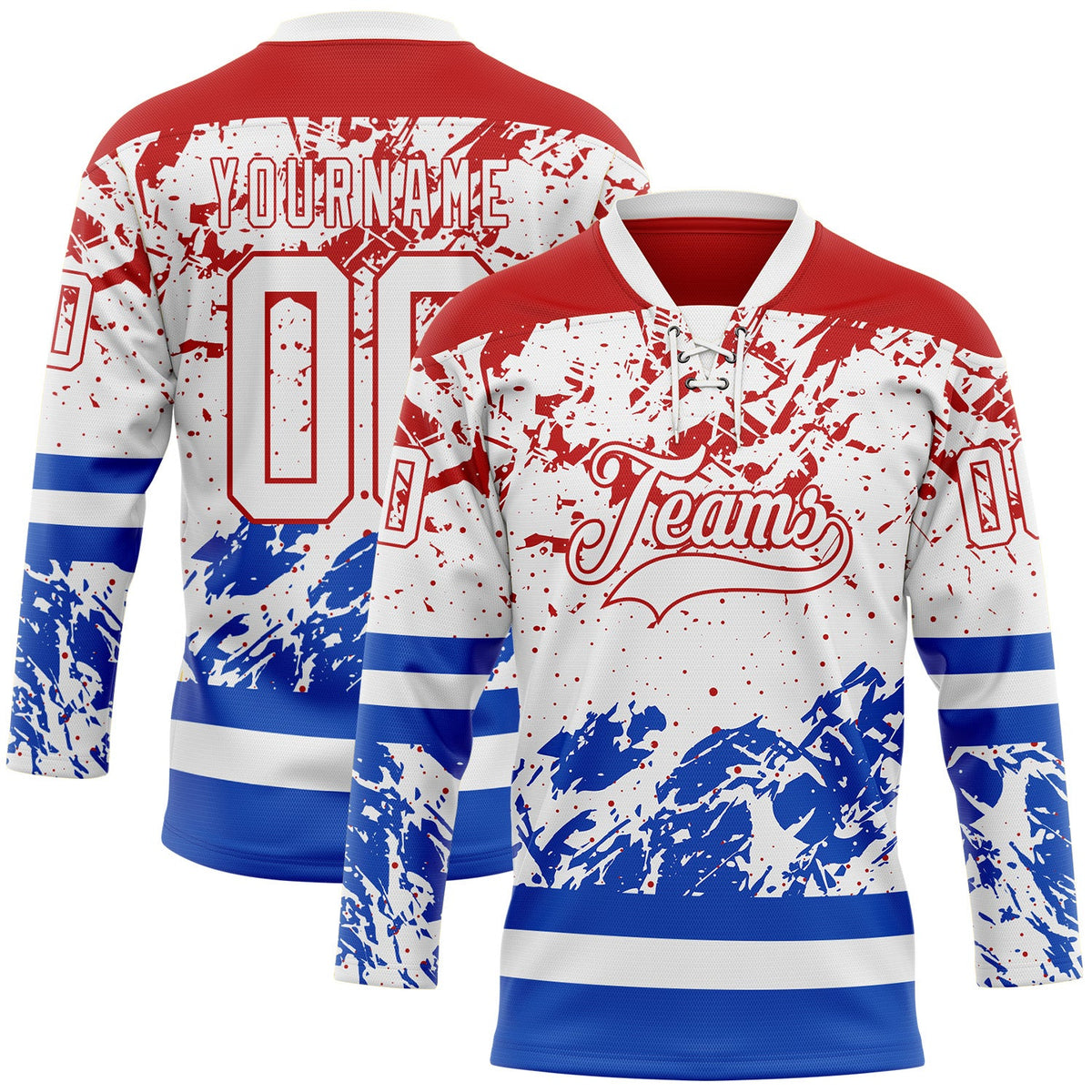 Custom White Red-Thunder Blue Abstract Splatter Paint Hockey Lace Neck Jersey