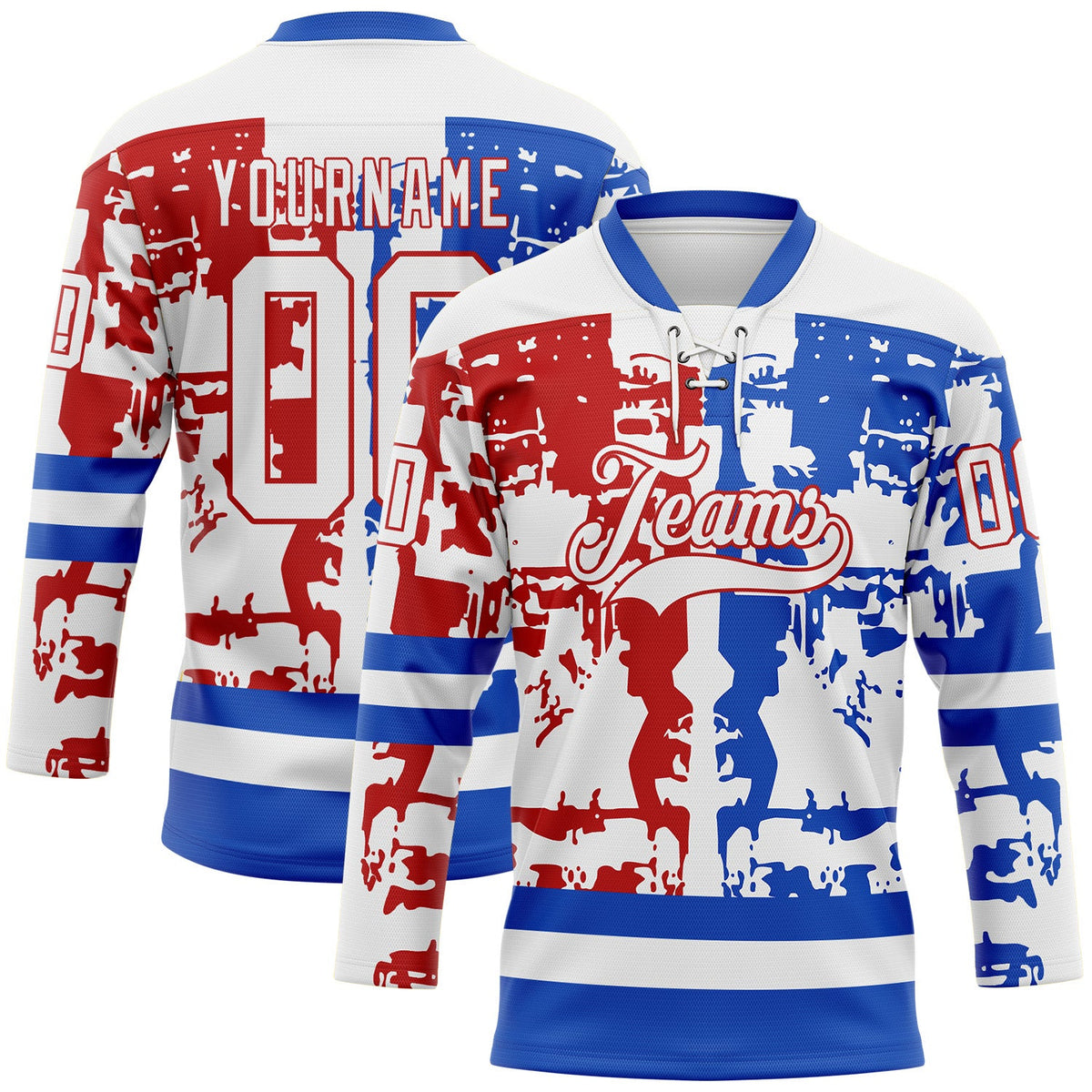 Custom White Thunder Blue-Red Abstract Splatter Paint Hockey Lace Neck Jersey