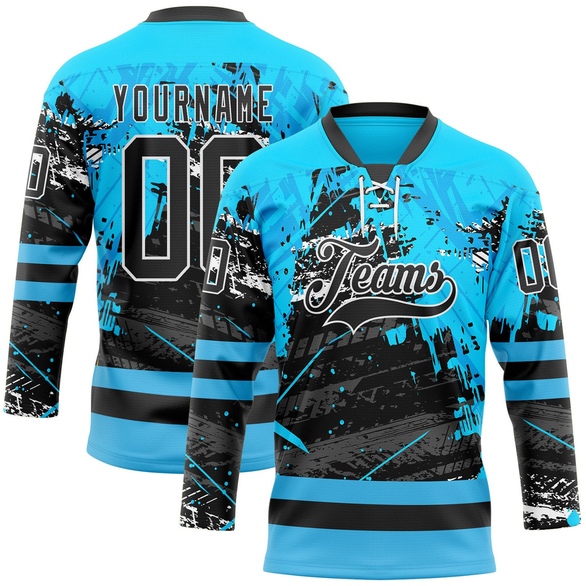 Custom Blue Black-White Abstract Splatter Paint Grunge Hockey Lace Neck Jersey