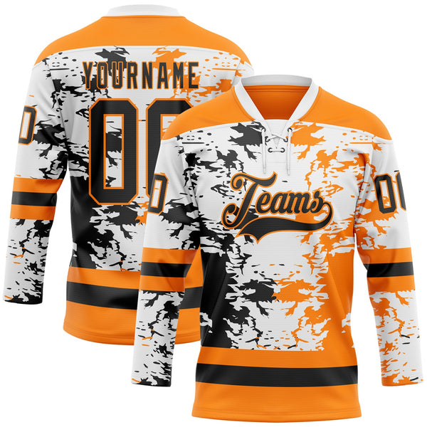 Custom Bay Orange Black-White Abstract Splatter Paint Hockey Lace Neck Jersey